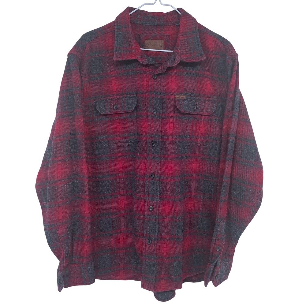 ORVIS Mens Plaid Flannel Shacket Red Grey Long Sleeve‎ Button Up Large